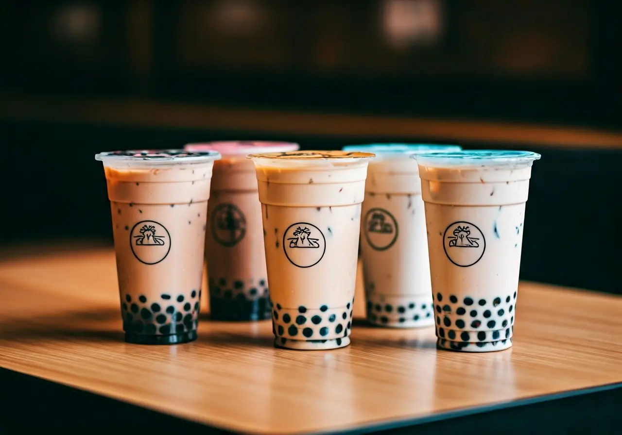 A close-up of colorful boba milk teas on a table. 35mm stock photo