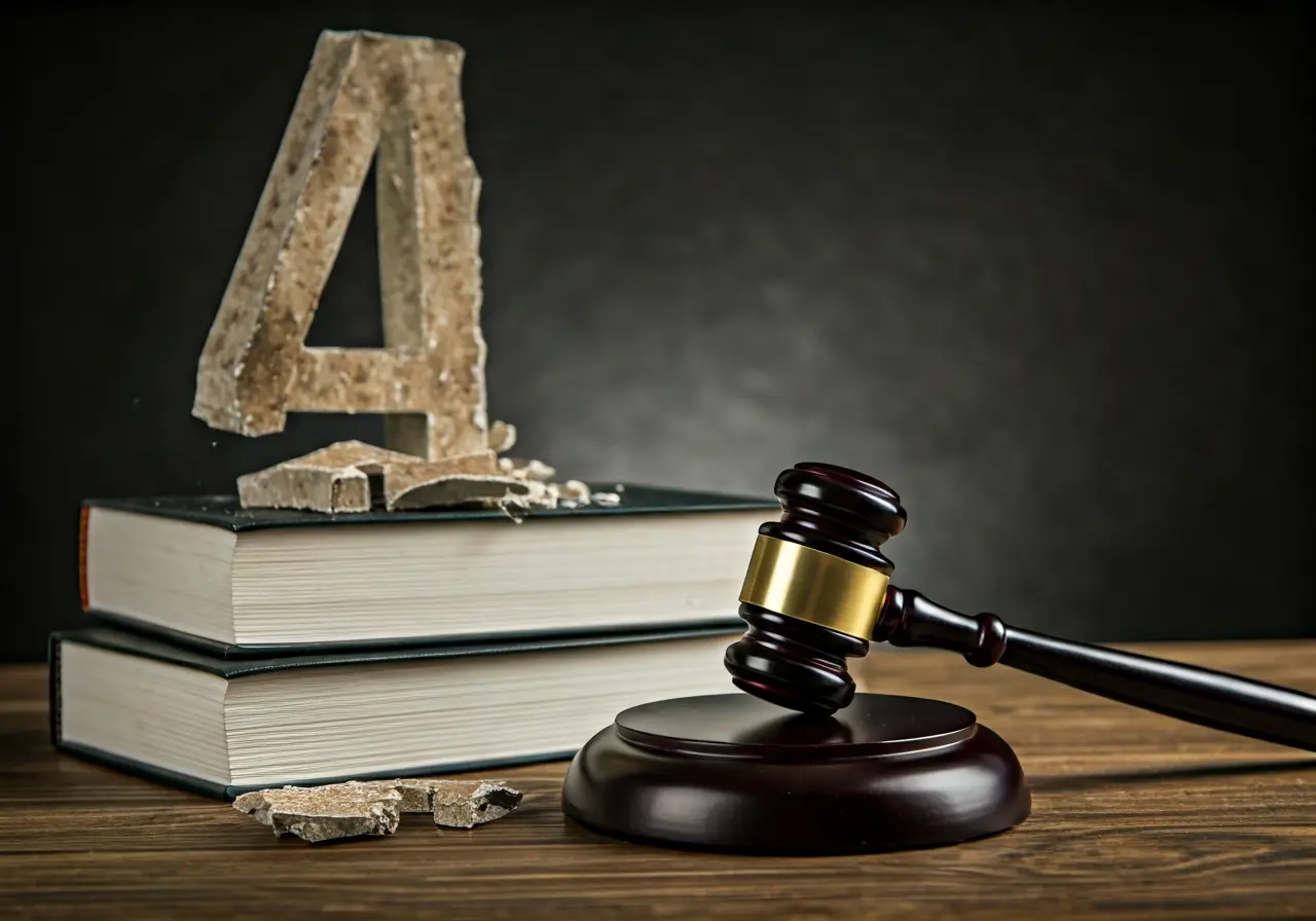 A gavel resting on a book beside a broken sign. 35mm stock photo