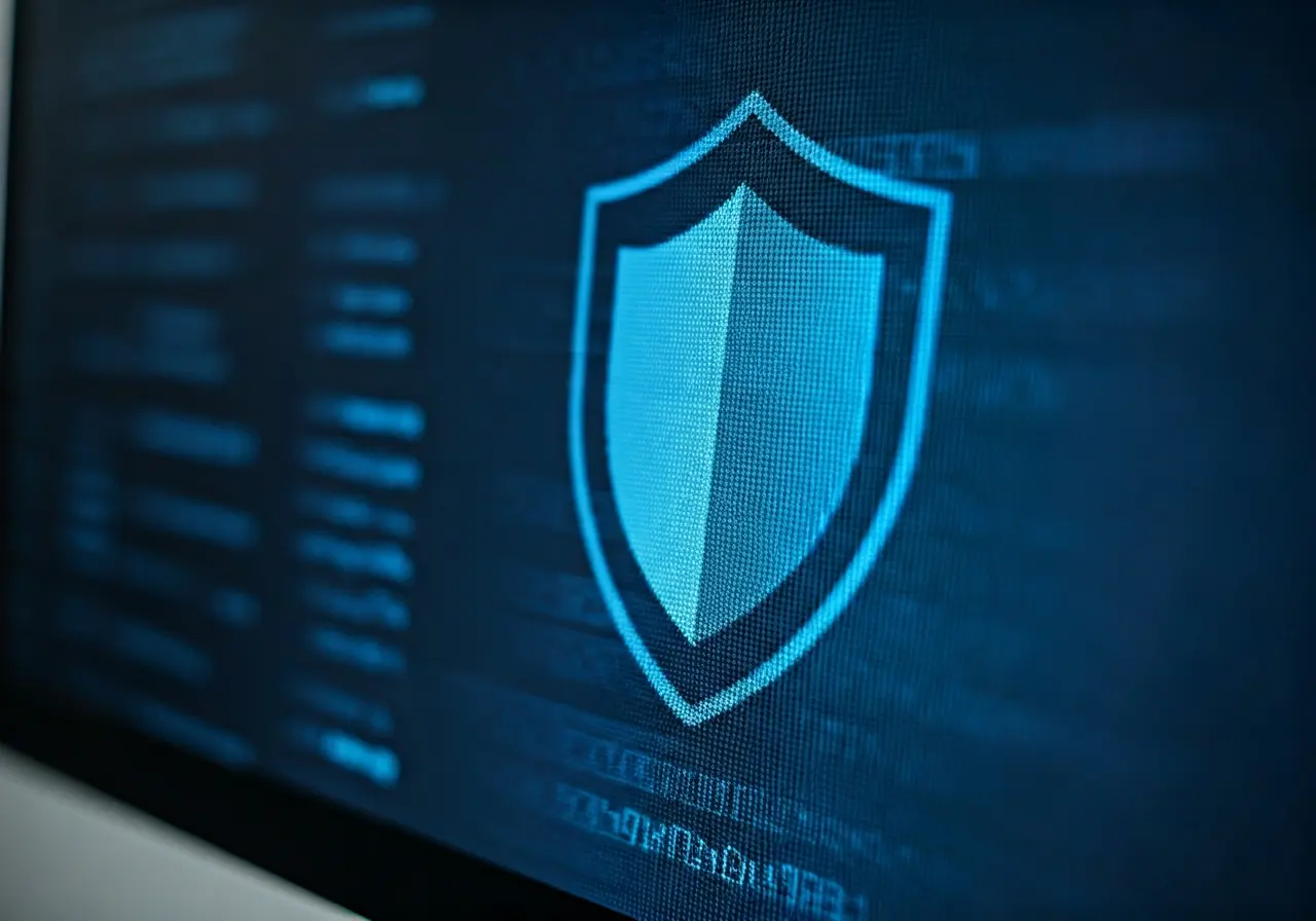 A shield icon over a computer screen with digital code. 35mm stock photo