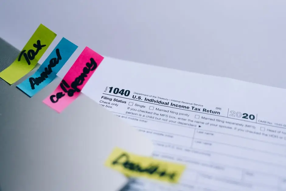 Close-up of 1040 U.S. tax form with colorful sticky notes for organization.