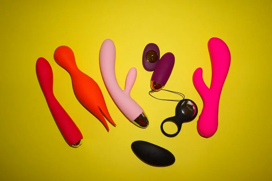 Studio setup showcasing colorful sex toys on a bright yellow background, featuring various shapes and designs.