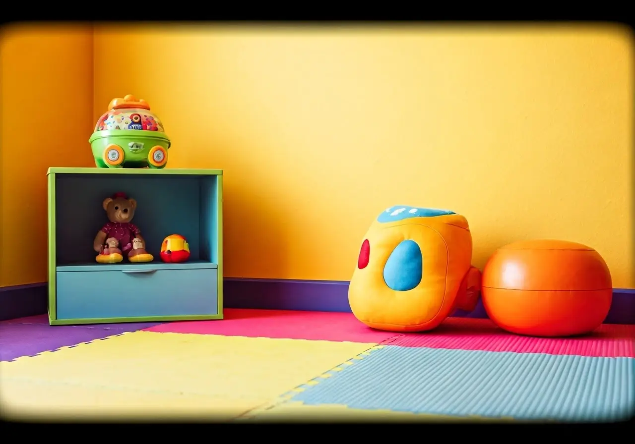 A colorful playroom filled with various baby toys and products. 35mm stock photo
