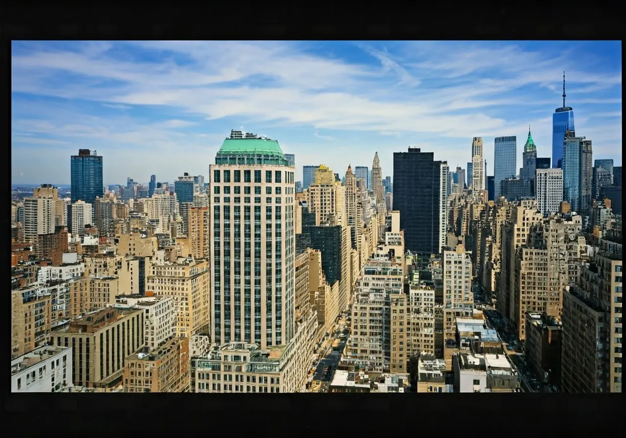 Aerial view of Manhattan skyline highlighting 245 Greenwich Street. 35mm stock photo