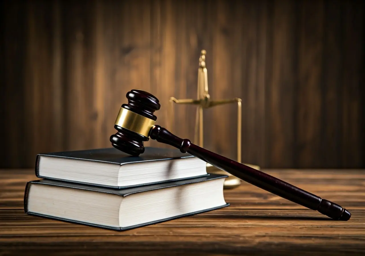A gavel and law book on a wooden desk. 35mm stock photo