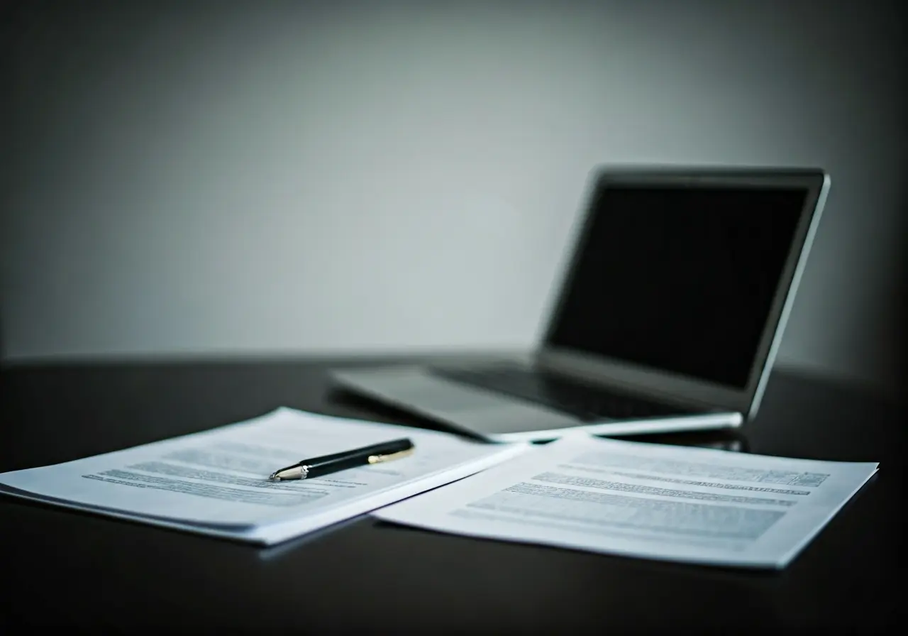 A neatly arranged desk with an open laptop and documents. 35mm stock photo