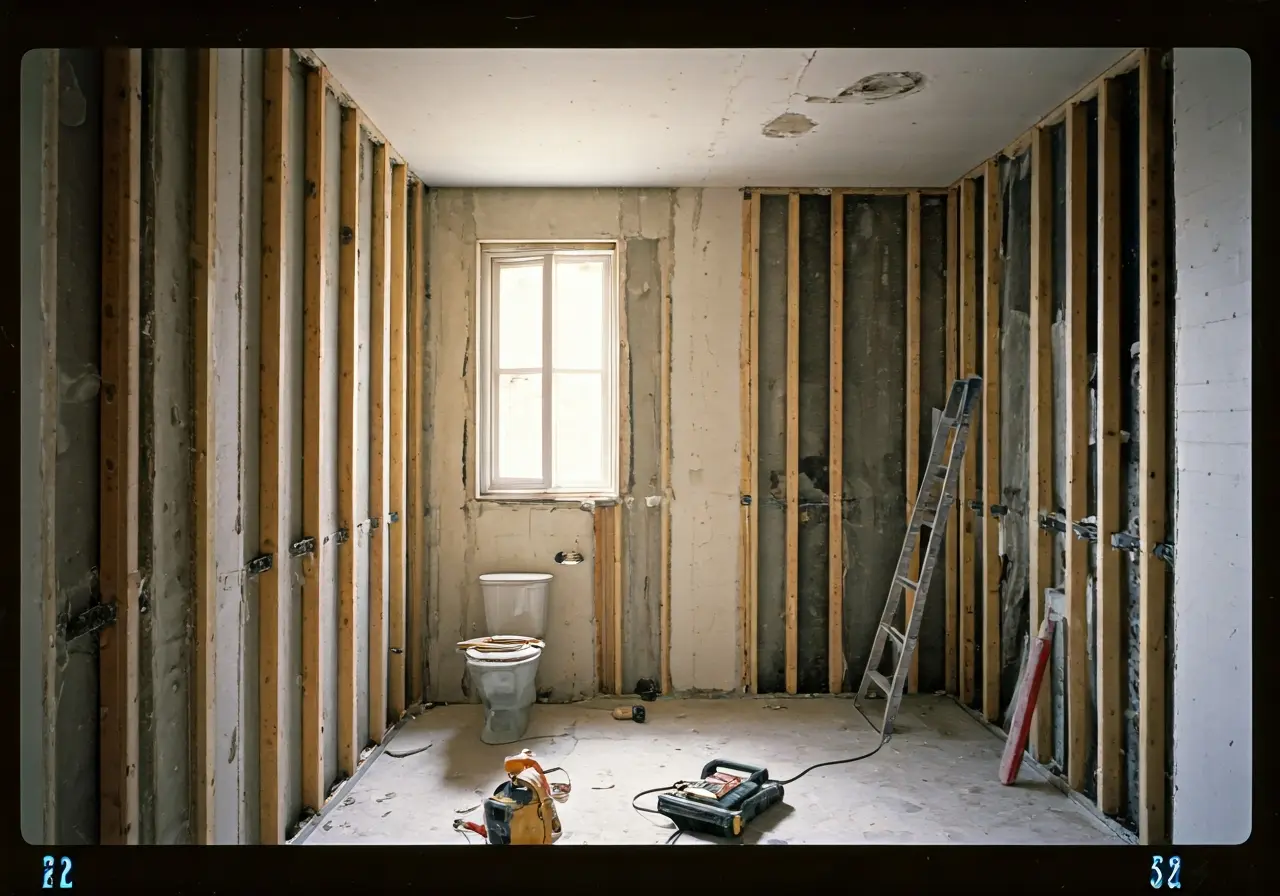 A modern bathroom under renovation with exposed walls and tools. 35mm stock photo