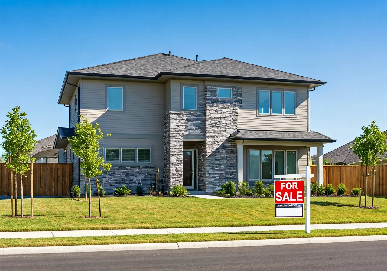 A modern house with a For Sale sign in front. 35mm stock photo