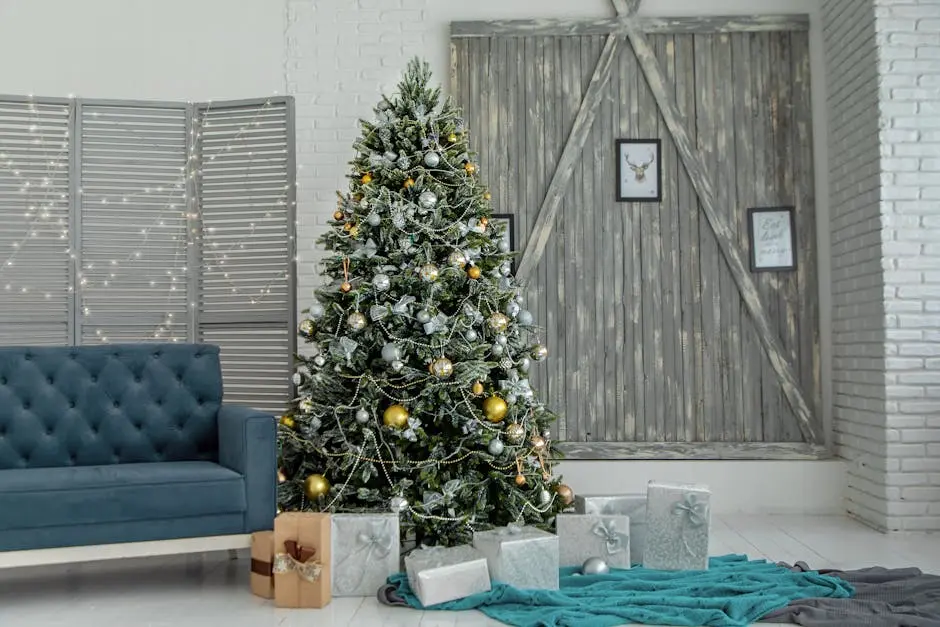 A beautifully decorated living room with a Christmas tree and gifts, creating a festive holiday atmosphere.