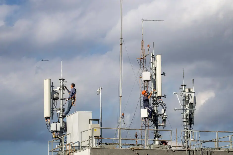 Two workers repairing a cellular tower against a cloudy sky, with an airplane in the background.