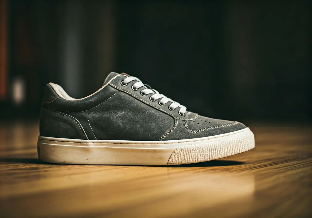 A pair of wide toe box sneakers on hardwood floor. 35mm stock photo