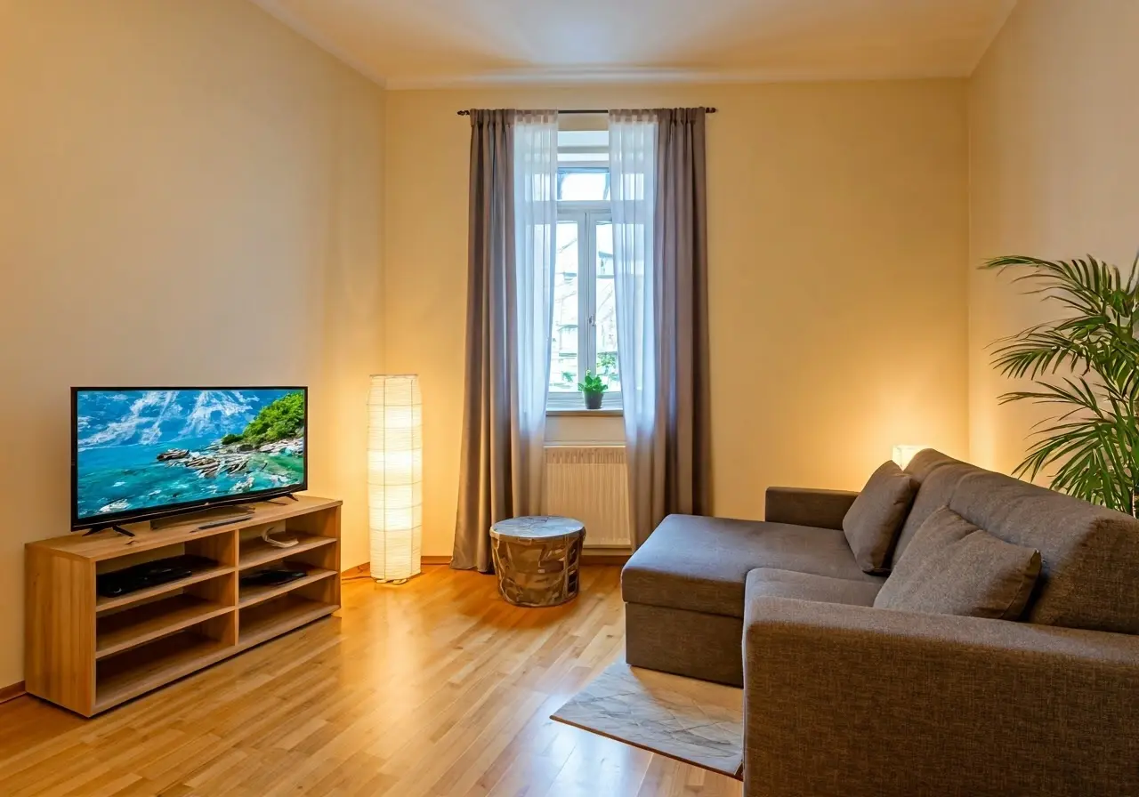 A well-organized, inviting Airbnb living room with warm lighting. 35mm stock photo