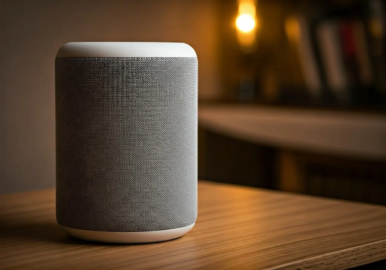 A smart speaker on a wooden table in a cozy room. 35mm stock photo