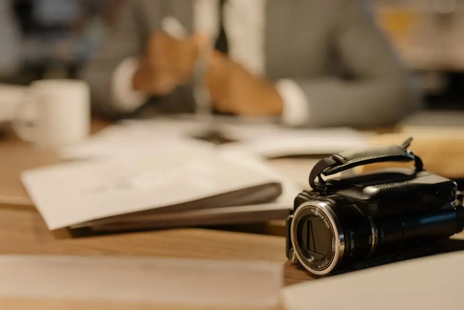 A camcorder on a desk in an office setting, capturing professional work activities.