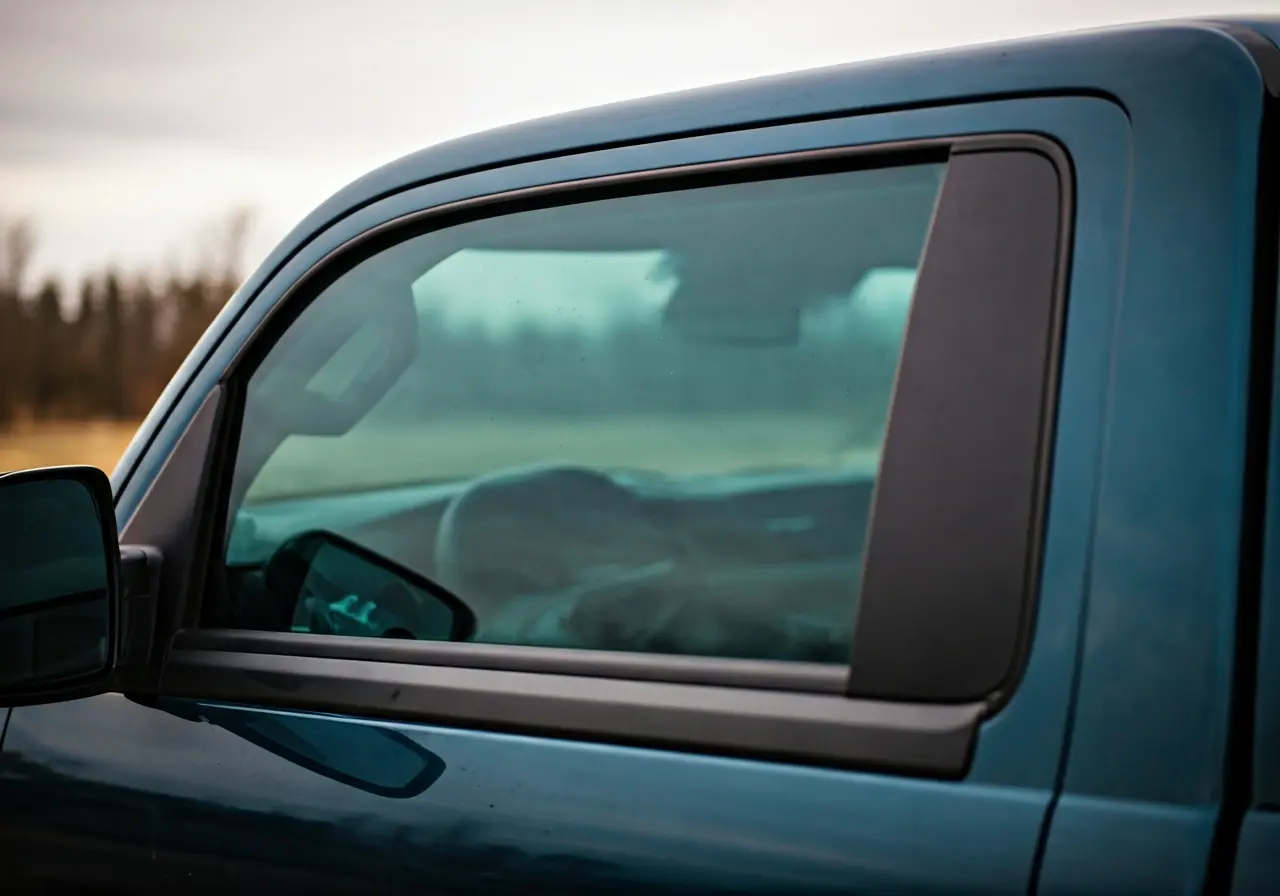 A close-up of a tinted truck window with Lexington backdrop. 35mm stock photo