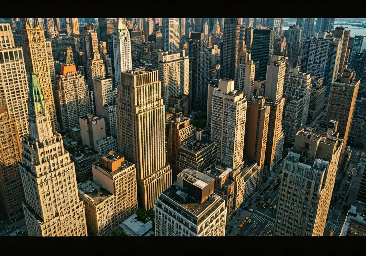 Aerial view of Manhattan’s street grid layout in sunlight. 35mm stock photo