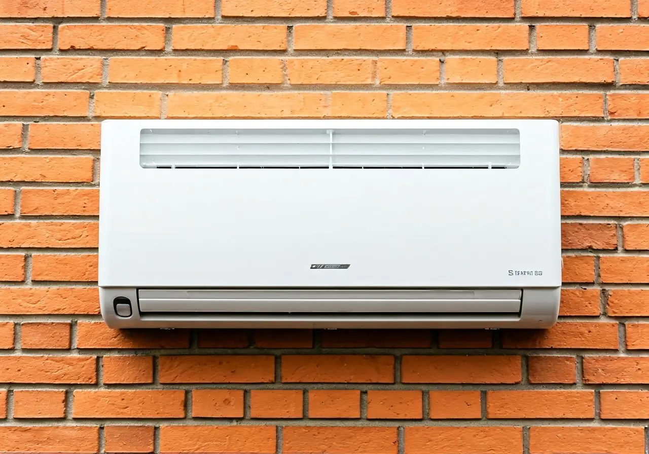 A sleek mini split AC unit mounted on a brick wall. 35mm stock photo