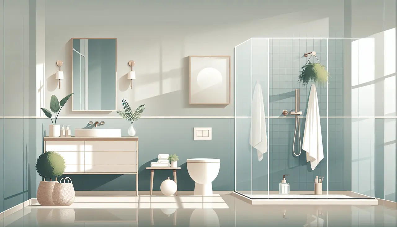 Draw a graphic in flat design style. A clean and modern bathroom in flat design style featuring a sleek vanity, a spacious glass shower enclosure, and elegant plant decor; the scene should feel serene and uncluttered.