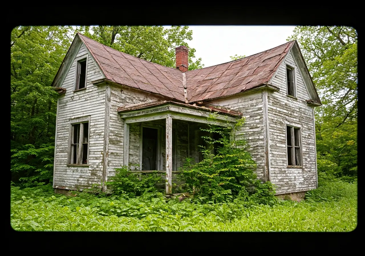 A dilapidated house with peeling paint and overgrown weeds. 35mm stock photo
