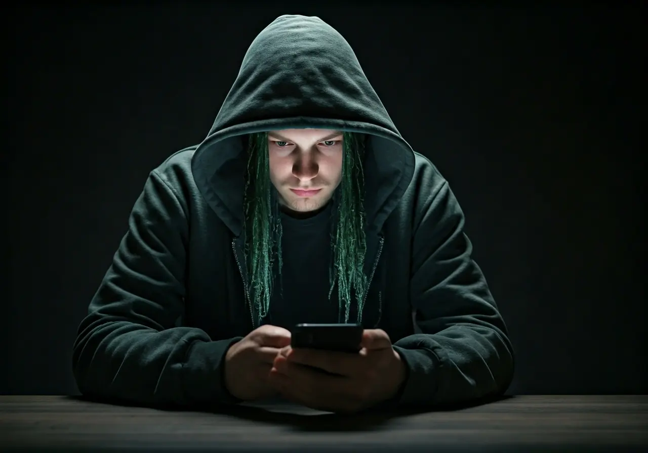A hacker typing on a smartphone in a dark room. 35mm stock photo