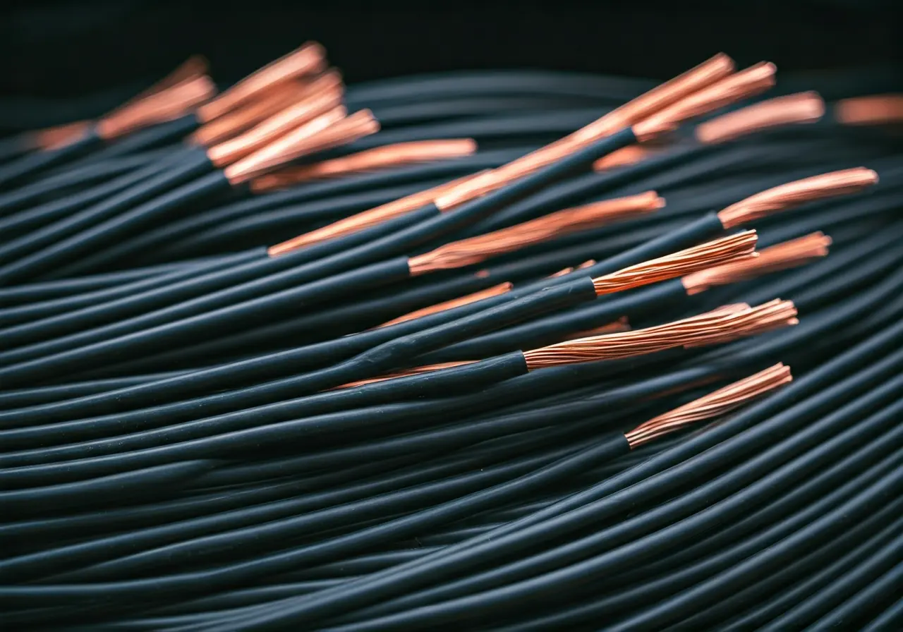A close-up of neatly arranged colored low voltage cables. 35mm stock photo