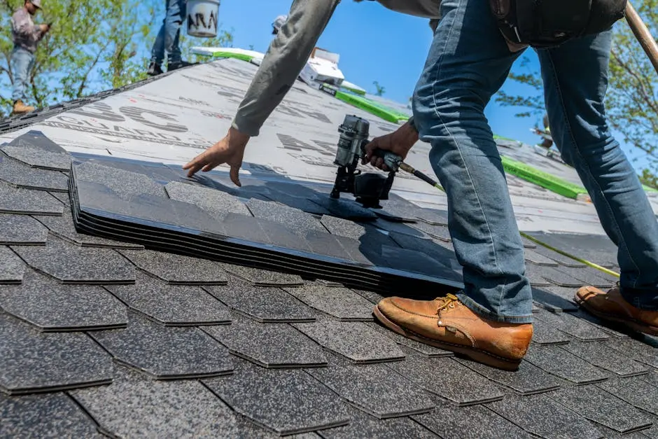 Roofer using nail gun for shingle installation on residential roof.