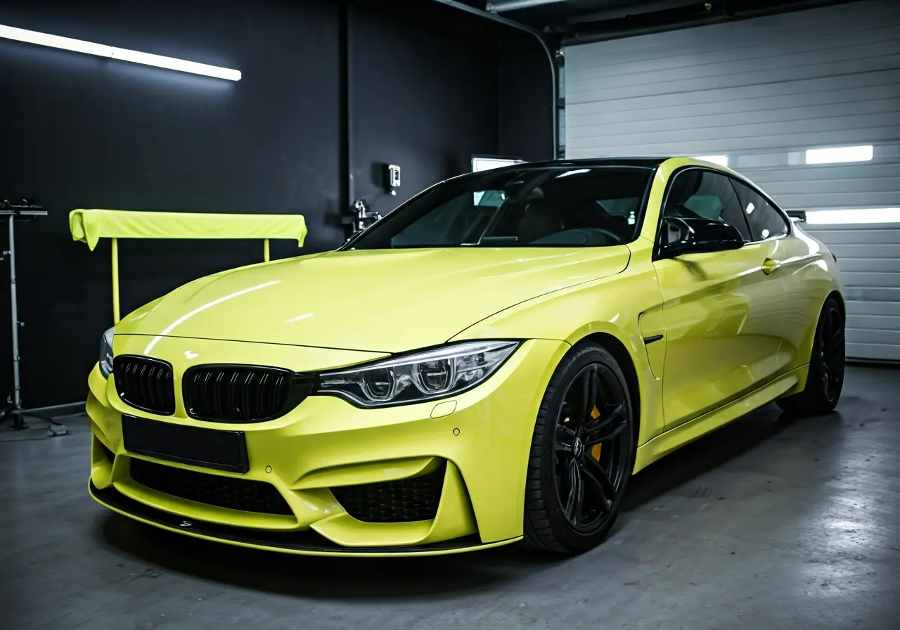 A sparkling clean car in a professional auto detailing garage. 35mm stock photo