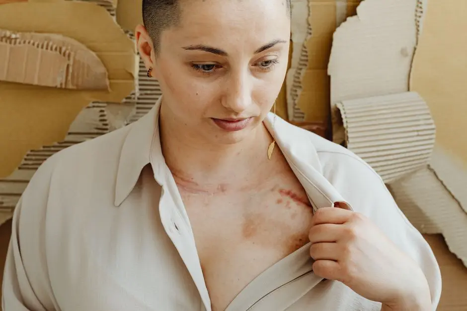 A woman showing a scar on her chest, emphasizing health and recovery themes.