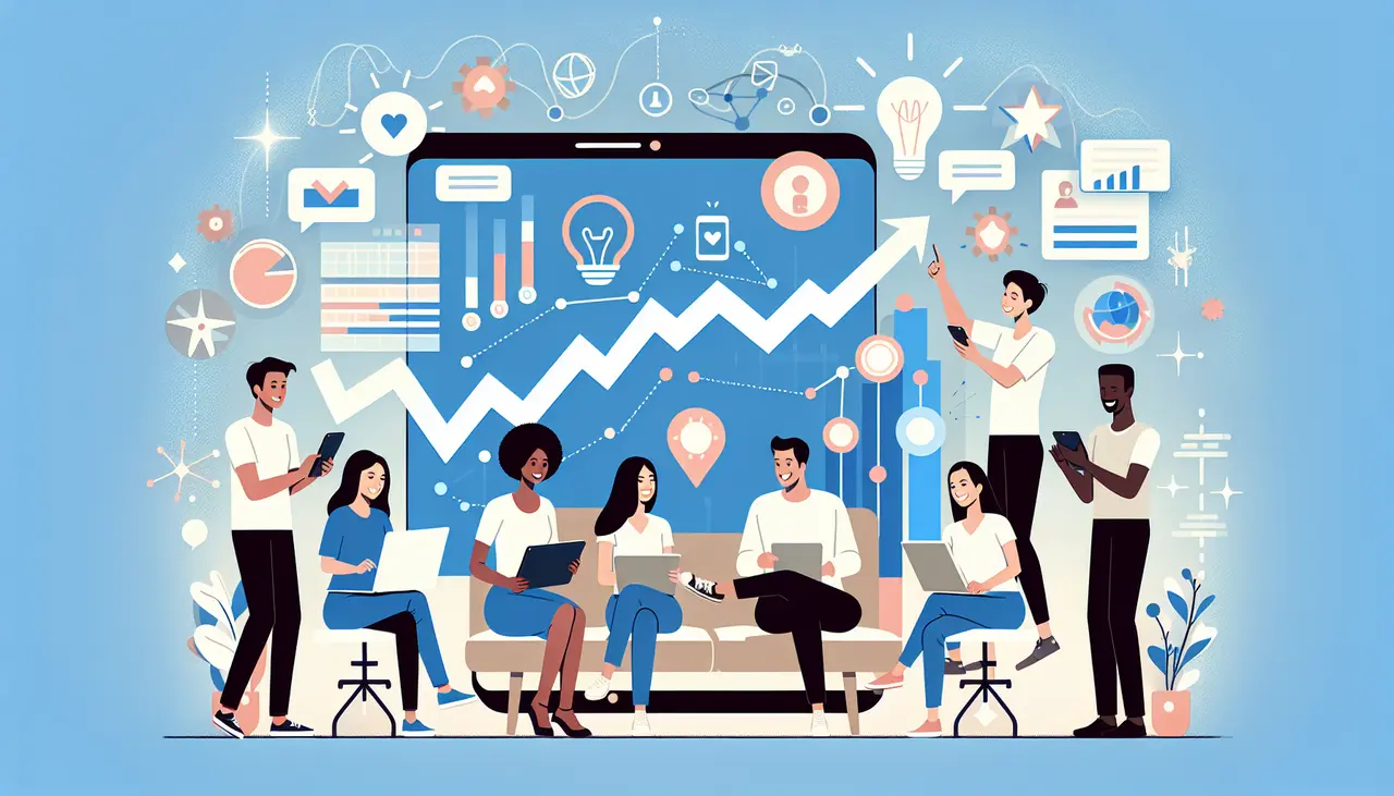Draw a graphic in flat design style. A group of diverse, happy people brainstorming and creating a mobile app on large screen devices, with icons representing growth, innovation, and connectivity floating around them.