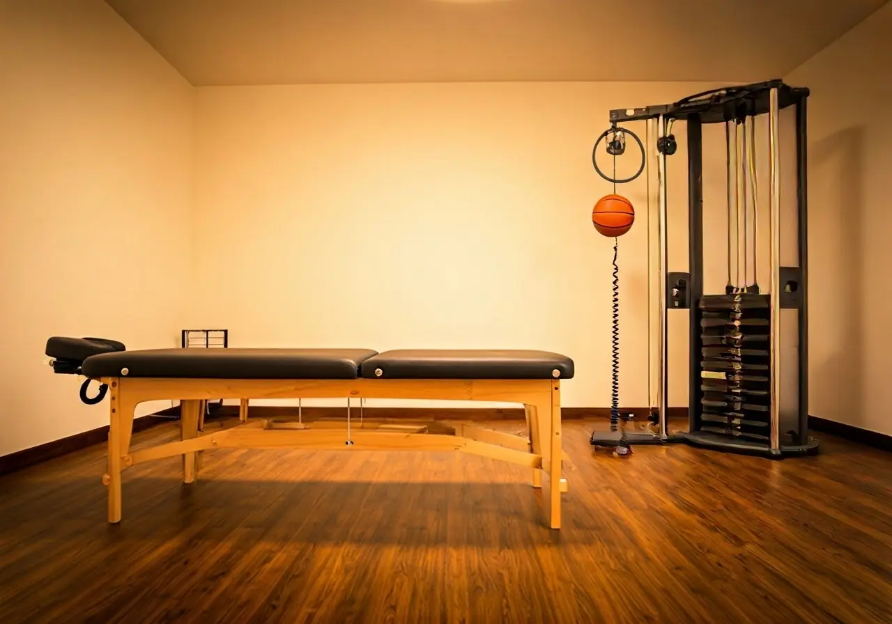 A serene massage therapy room with sports equipment visible. 35mm stock photo