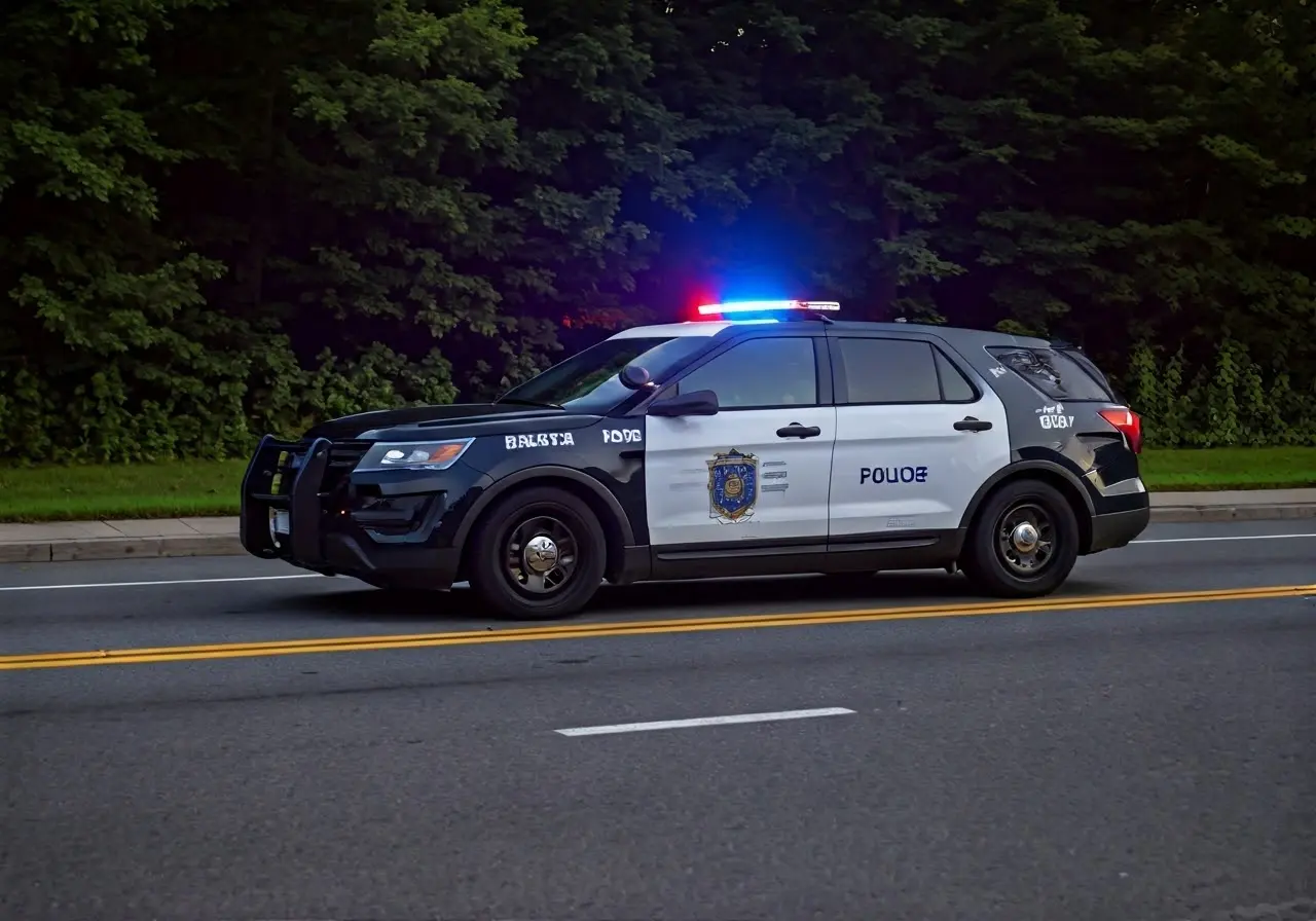 A police car with flashing lights on an Ohio road. 35mm stock photo