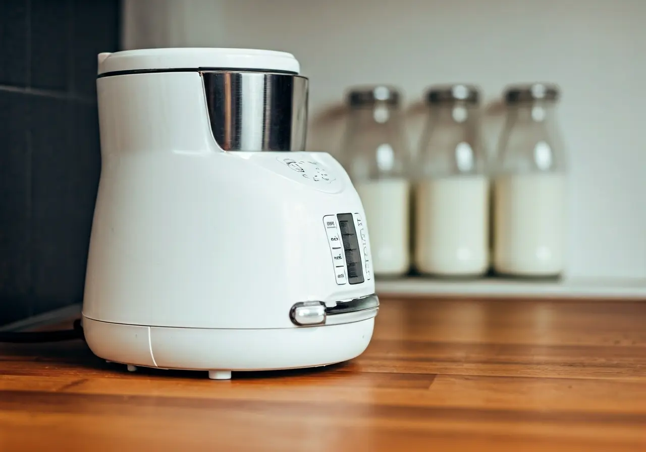 A modern milk warmer on a kitchen countertop with bottles. 35mm stock photo