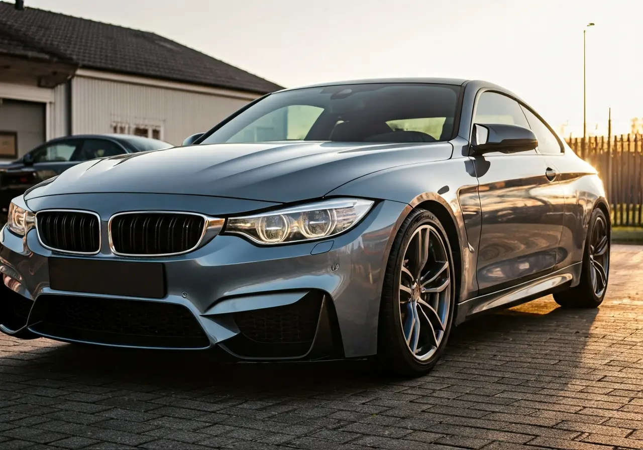 A shiny car reflecting sunlight after a professional valeting. 35mm stock photo