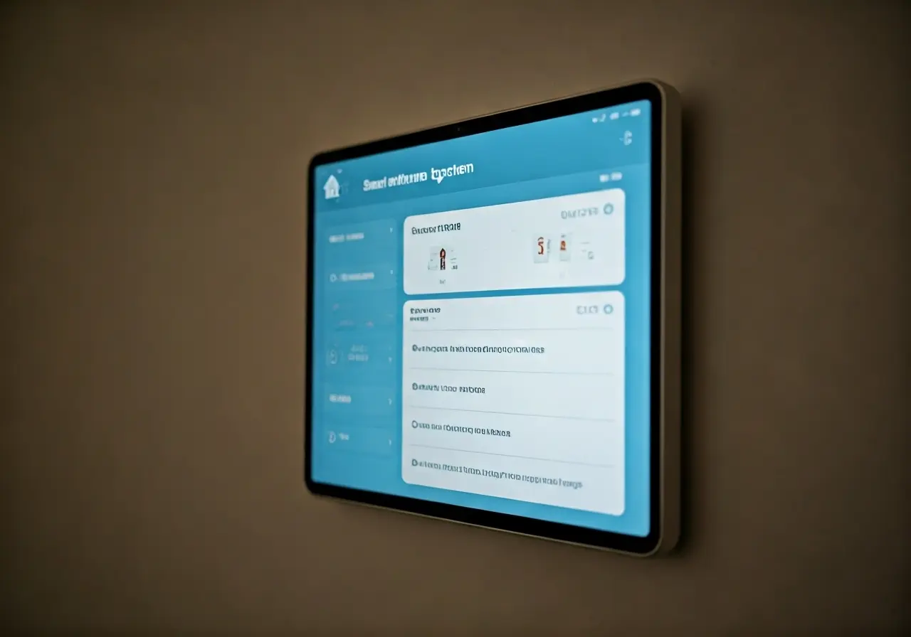 A smart home system dashboard displayed on a wall-mounted screen. 35mm stock photo