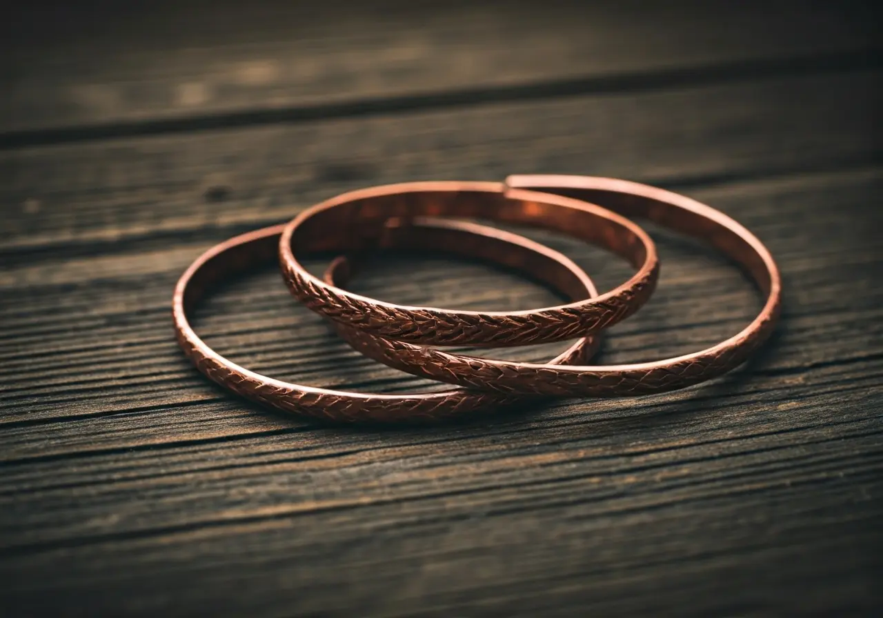 A close-up of copper bracelets on a wooden surface. 35mm stock photo