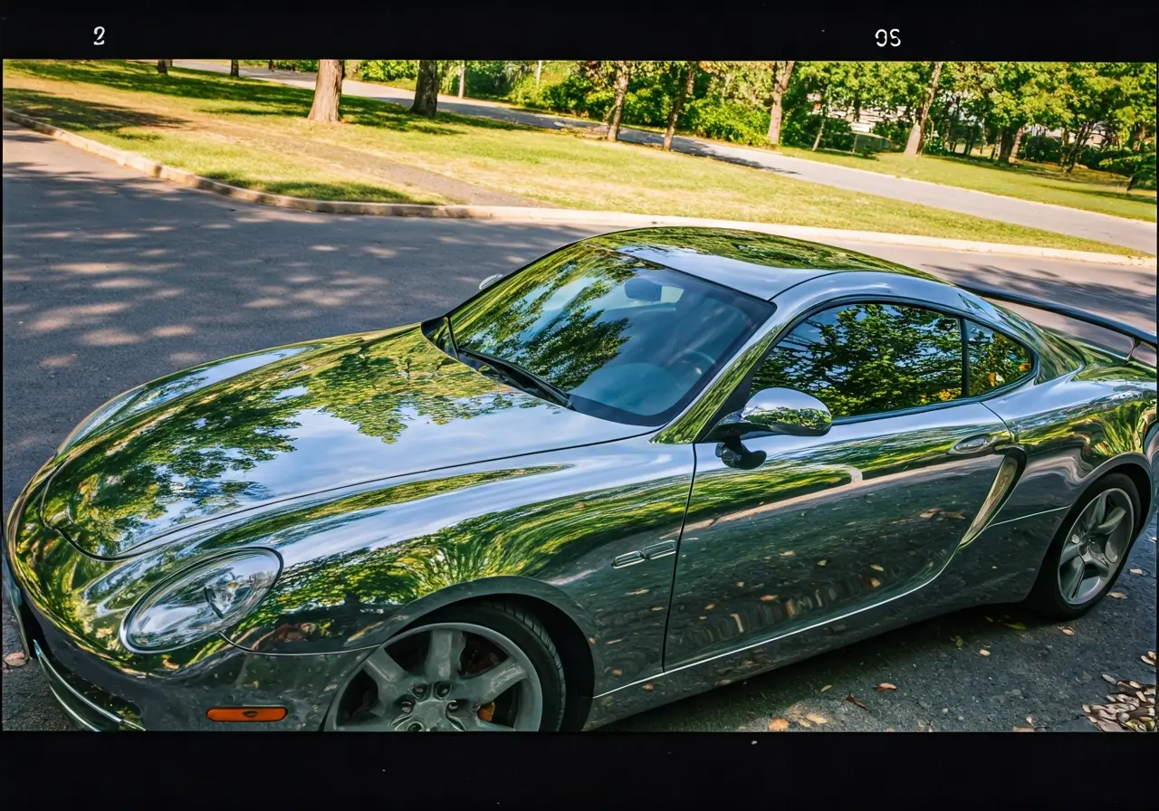 A shiny, polished car reflecting trees and sky nearby. 35mm stock photo