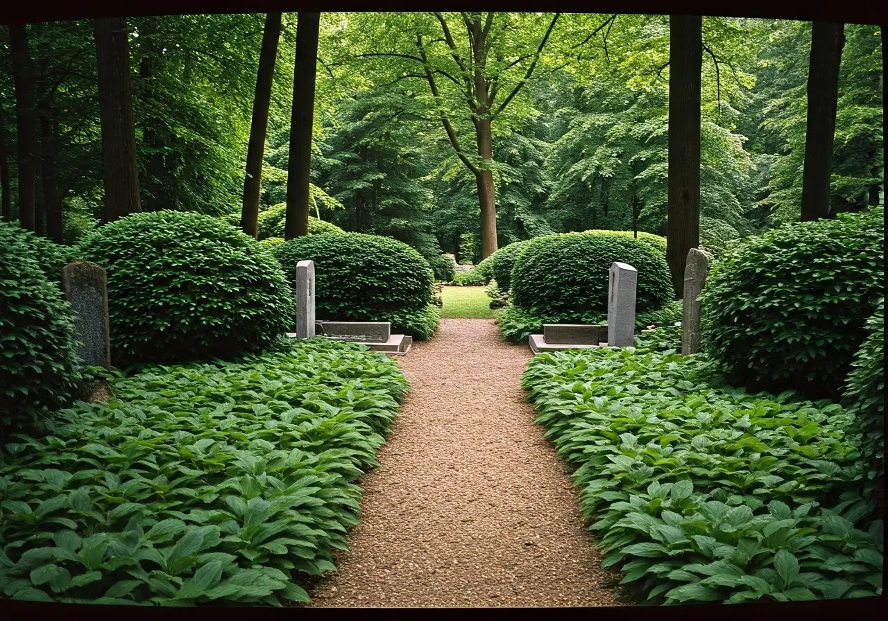 A serene natural burial site surrounded by lush greenery. 35mm stock photo