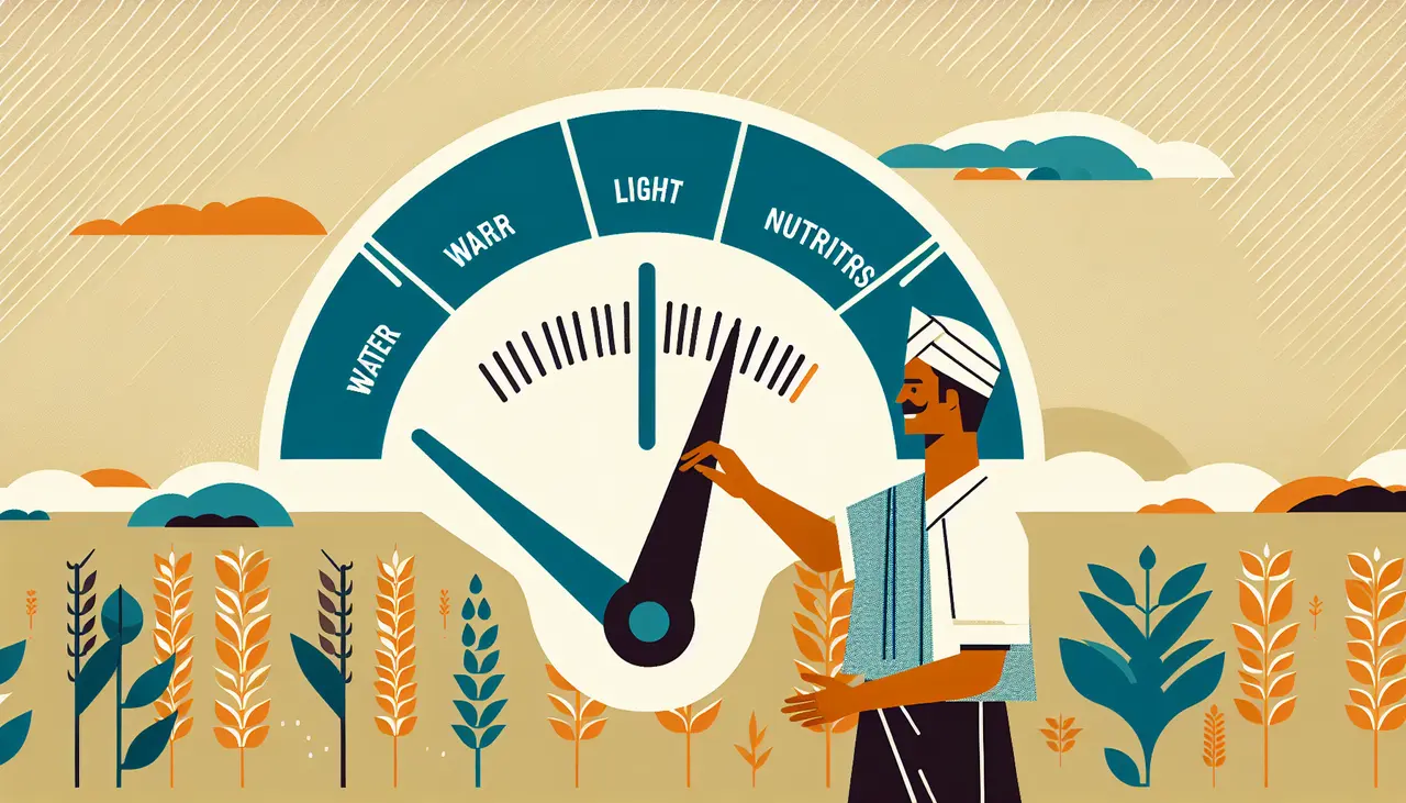 Draw a graphic in flat design style. A minimalistic illustration of a farmer adjusting a large gauge with different sections labeled Water, Light, and Nutrients, set against a background of stylized crop fields.