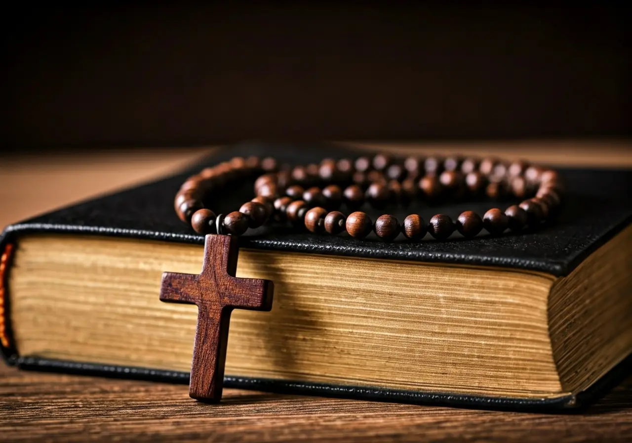 A wooden cross necklace resting on an open Bible. 35mm stock photo