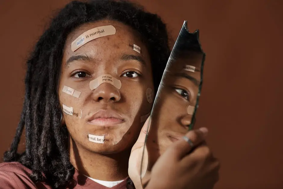 A powerful portrait of a woman embracing imperfections with positive messages on her face, holding a broken mirror.
