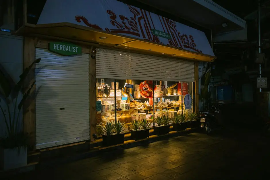 Illuminated herbalist shop at night showcasing various products.