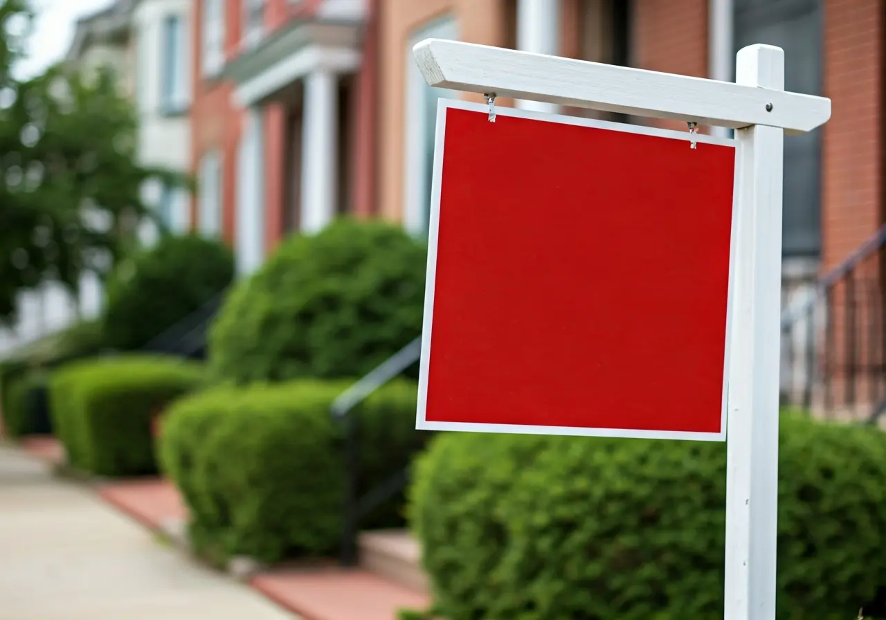 A For Sale sign in front of a rowhouse. 35mm stock photo