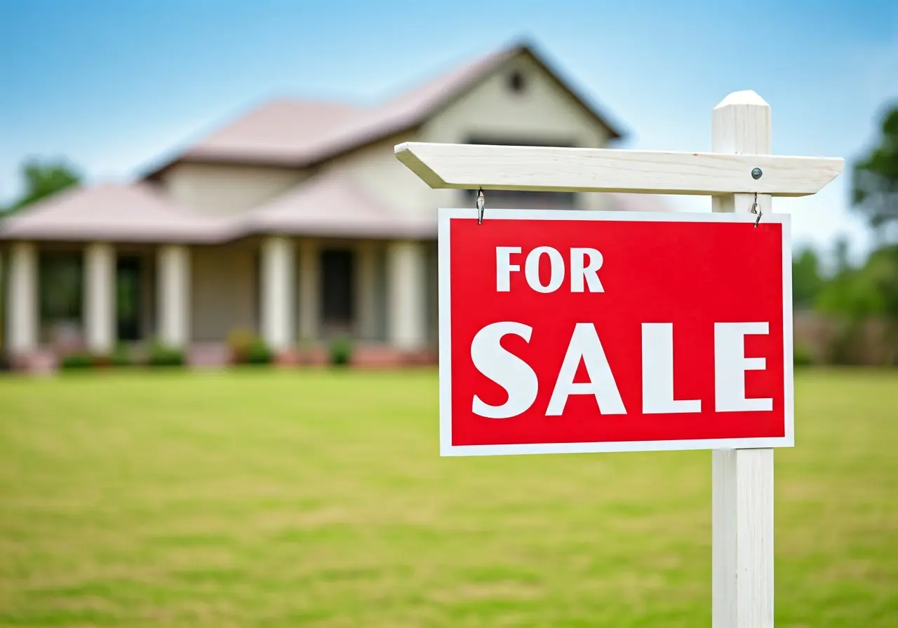 A For Sale sign in front of an empty house. 35mm stock photo
