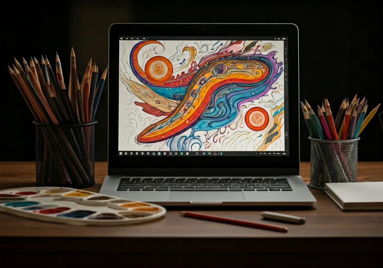 A colorful artist’s workspace with digital tools and sketches. 35mm stock photo