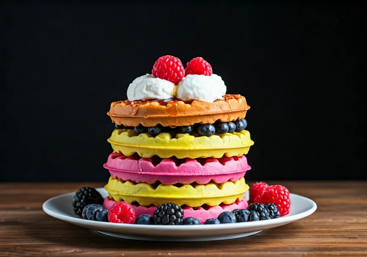 A stack of colorful waffles with unique toppings and syrups. 35mm stock photo