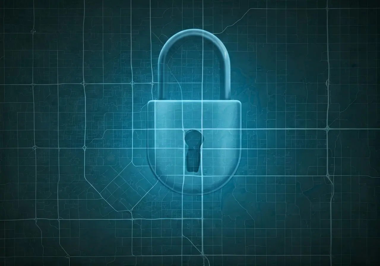 A lock icon over a digital map of Spokane. 35mm stock photo