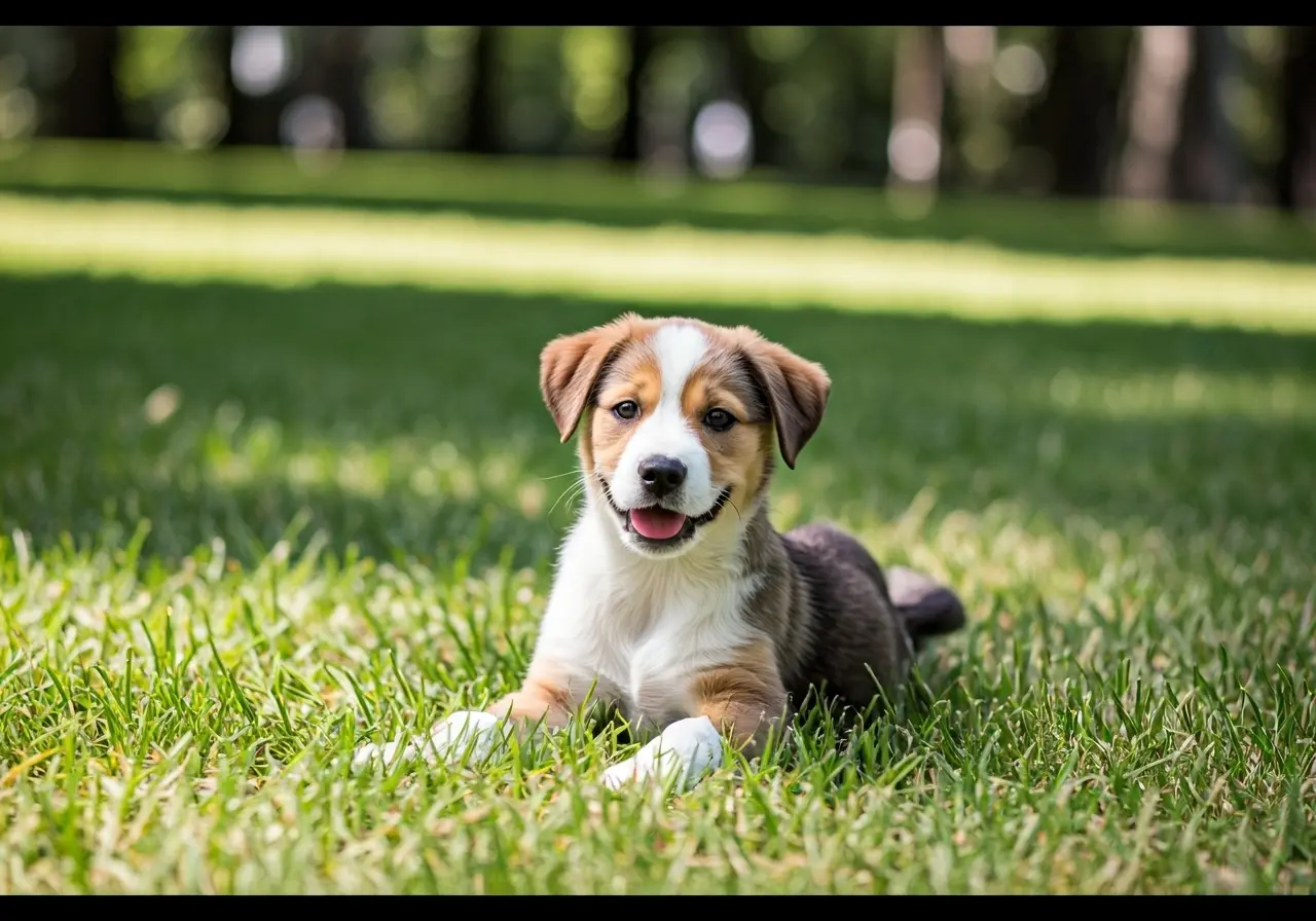 A happy puppy learns in a sunny Madison park. 35mm stock photo