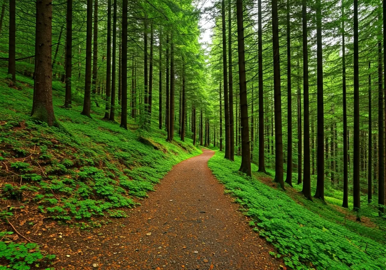 A path winding through a lush forest toward the horizon. 35mm stock photo
