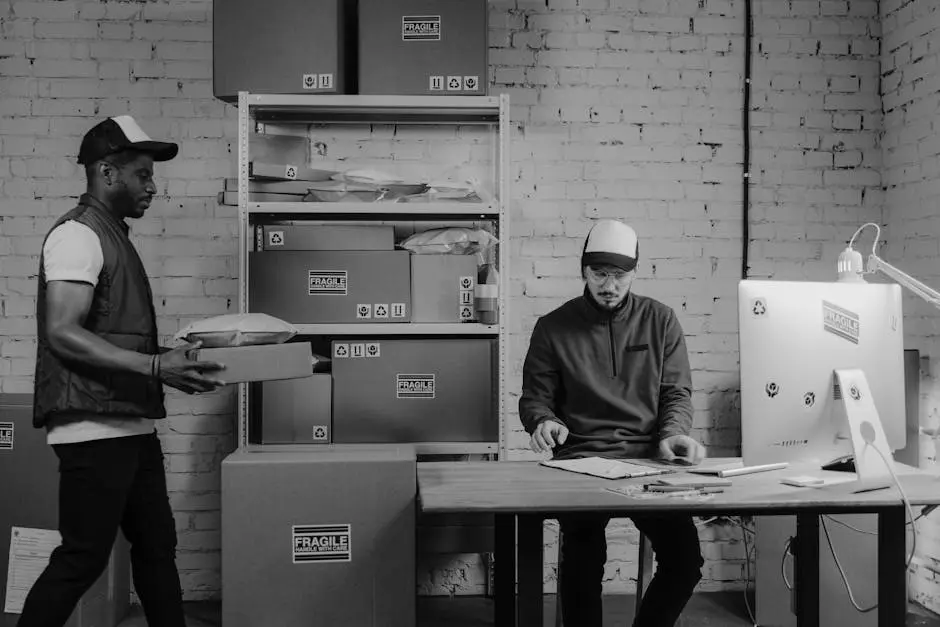 Courier workers organizing packages at an office, ensuring efficient logistics and delivery services.