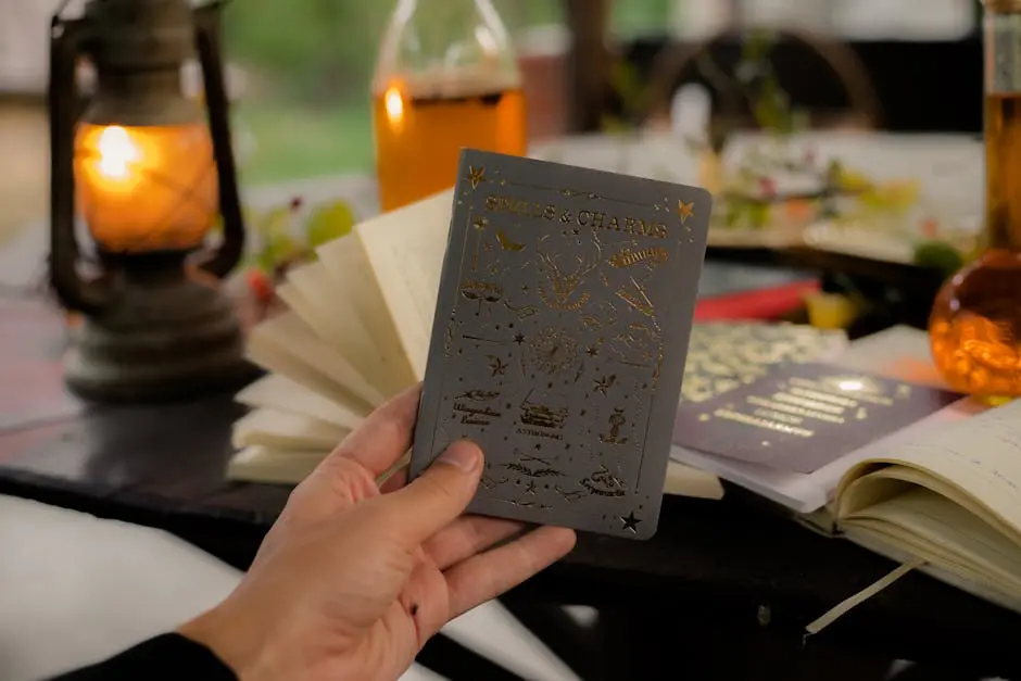 A hand holds a book of spells with an illuminated lantern in a cozy setting.