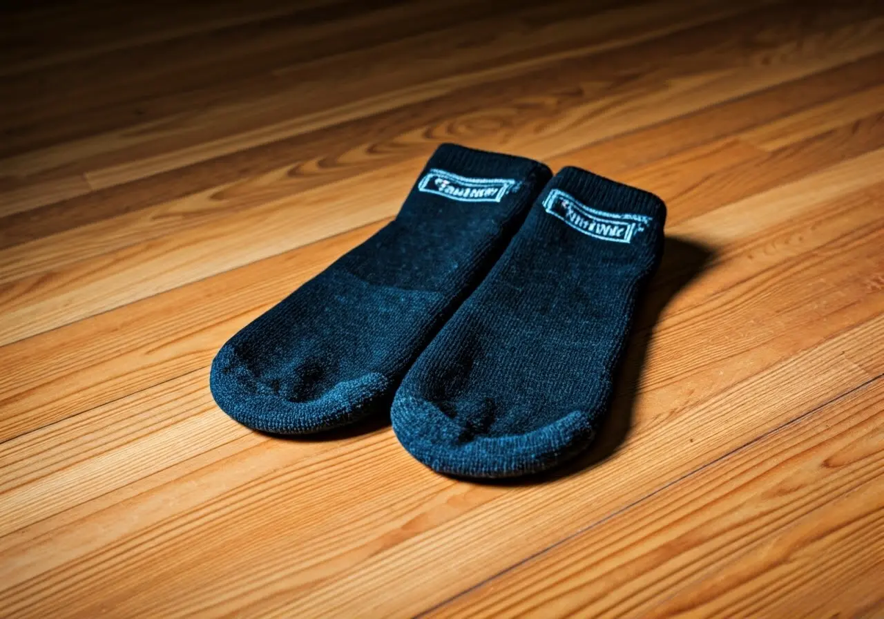 A pair of grounding socks on a wooden floor. 35mm stock photo